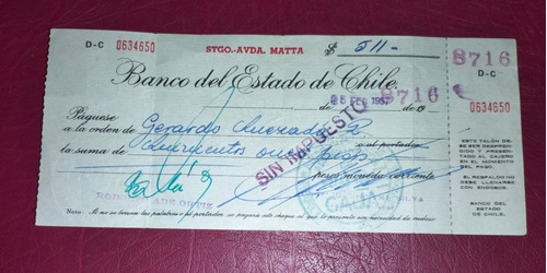 Cheque Antiguo Banco Del Estado De Chile 1957