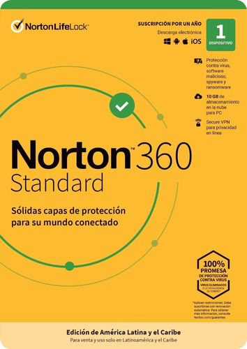 Imagen 1 de 4 de Antivirus Norton 360 Standard 1 Dispositivo 10gb Nube Vpn