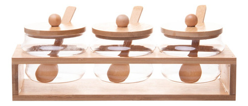 Conjunto 3 Potes em Vidro Borossilicato Com Tampa Hermética Colher Suporte Rack em Bambu 280ml - Wolff