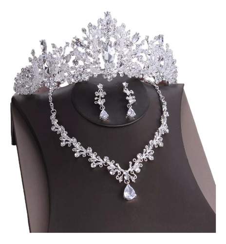 Corona Tiara Aretes Collar Novia Xv Perlas Cristales Gota 09