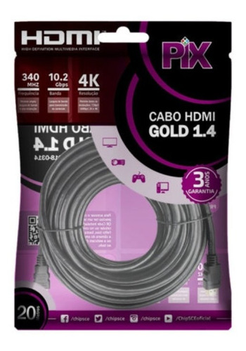 Cabo Hdmi Gold 1.4 - 4k Ultrahd 19 Pinos 20m + Nfe