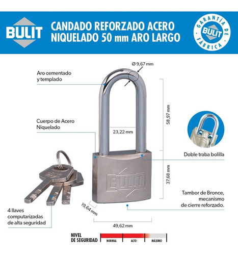 Candado Acero Niquelado N° 50 Aro Largo Bulit