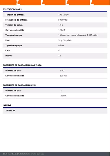 Cargador de pilas, AA, AAA y 9V, incluye 2 pilas AA, Volteck, Cargadores De  Pilas, 46044