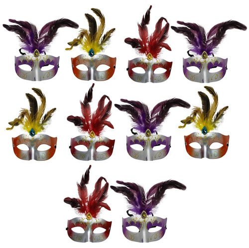Antifaz Metalizado X 10 Unidades Con Plumas Set Mascaras Cot
