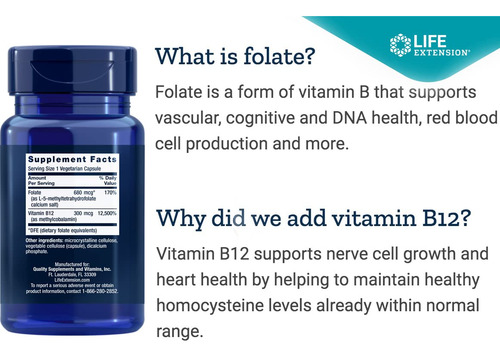 Life Extension Folato Bioactivo Y Vitamina B12 150 Cápsulas