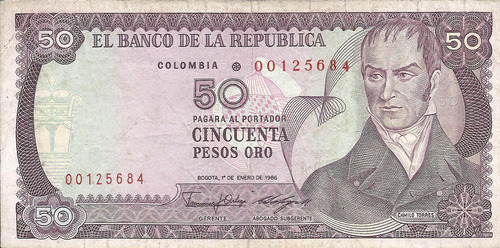 Colombia Reposición 50 Pesos Oro 1 Enero De 1986