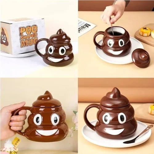 Tazón Mug Caquita Caca - Poo Con Tapa Emoji Cerámica Regalo 