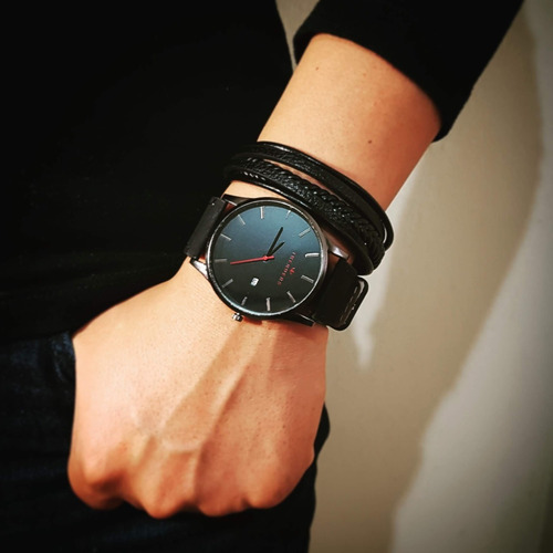 2x1 Promoción, Pulsera De Hombre Cuero Genuino Premium Negro