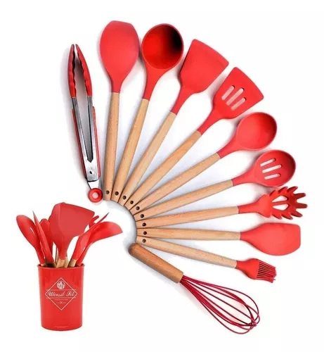 Utensilios Cocina Juego Silicona Kit 13 Piezas Mango Bambú