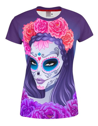 Playera Sublimada Dia De Muertos Catrina Morada Tocado Flor