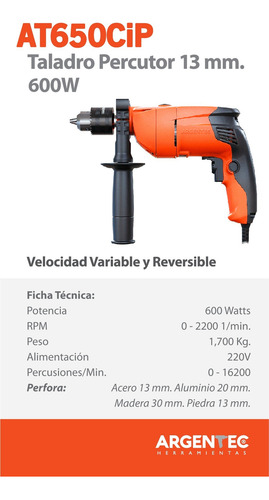 Taladro Argentec Percutor 13 Mm. At650cip 600 Watts Novedad!