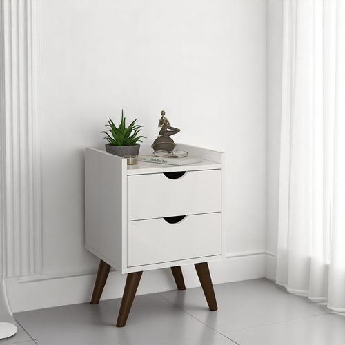 Mesa De Cabeceira 2 Gaveta Juma Quarto Retrô Pés Antiumidade Acabamento Brilhante Cor Branco