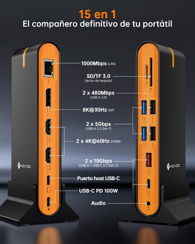 Docking Station Novoo 15 En 1 Usb 3.2 Usb C Hub 8k Dp Dock
