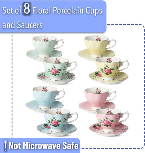 Btat- Tazas De Té Floral Y Platillos, Juego De 8 (8 Oz), Mul