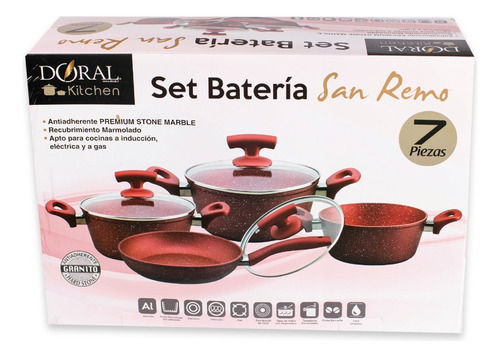 Batería De Cocina Recubrimiento Marmoleado 7 Piezas Rojo Doral