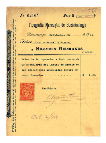 Bucaramanga Tipografía Mercantil Factura De 1919 Nigrinis