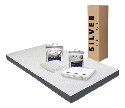 Colchón Individual En Caja 10cm + Juego Sábanas + Protector Blanco Con Gris