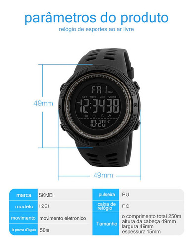 Imagem 3 de 10 de Relógio Masculino Esportivo Digital Prova D'agua Skmei-1251