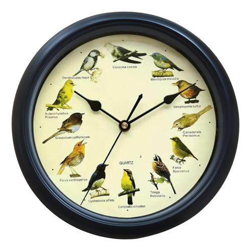 Relógio De Parede Com Som De Pássaros Musicais, Preto 25cm