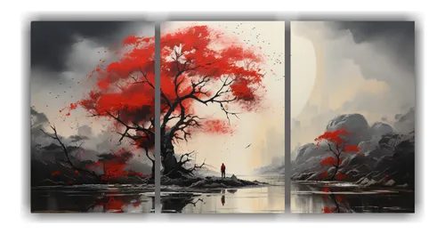 comprar 150x75cm Cuadro Tríptico Abstracto De Árbol En Rojo Y Negr