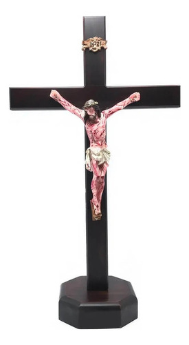 Crucifixo Mesa E Parede Madeira Cristo Chagado Resina 40 Cm