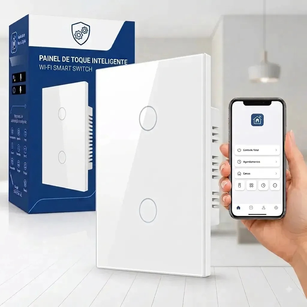 Interruptor Inteligente Sem Fio Neutro 2 Botões Panda Plus Touch Smart Wifi App Alexa Google Home Tuya Smart Life Padrão 4x2 Casa Automatizada Bivolt Vidro Temperado Branco Marca Topyhome