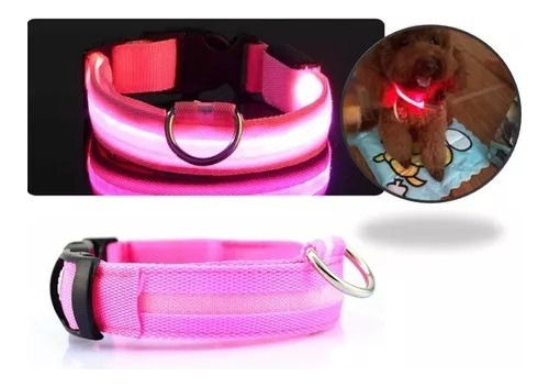 Collar Luz Led Reflectivo Perro Gato Mascotas 3 Efectos Rosa