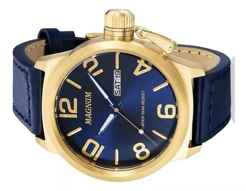 Relógio Magnum Masculino Ma33399a Dourado Azul Couro