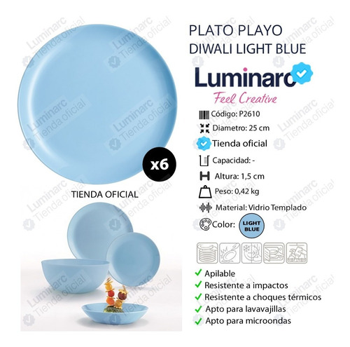 Plato Playo Luminarc Diwali Templado Colores A Eleccion X6