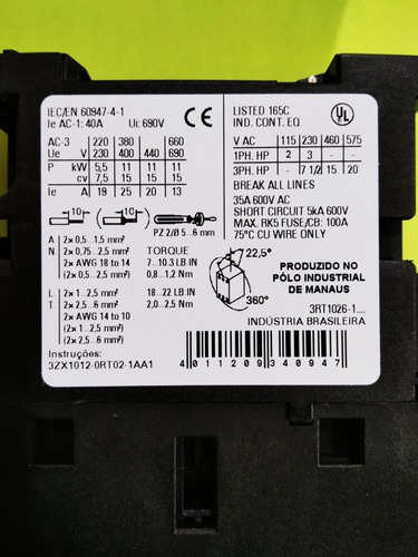 Contactor Siemens 40a 3-ac 220v 3rt1026-1an20