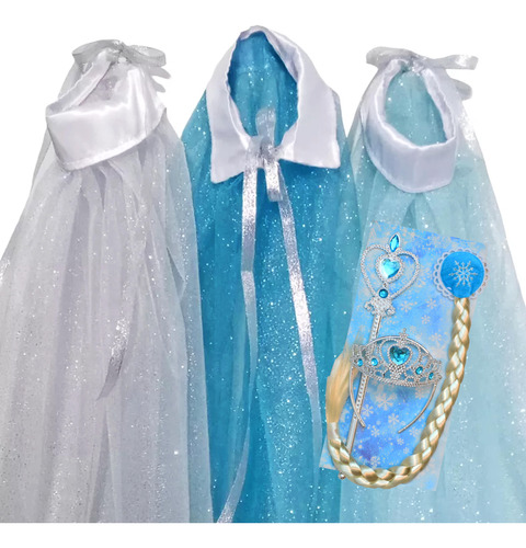 Capa Tul Con Brillos + Accesorios Princesas Elsa Frozen 