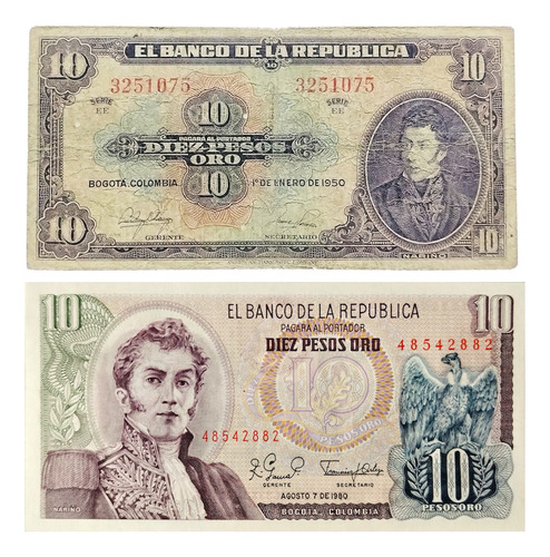 Billetes Colombia 10 Pesos 1950 / 1980 Unc + Regalo