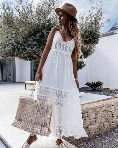 Vestido Largo Sin Mangas Con Cuello En V De Encaje Para Muje