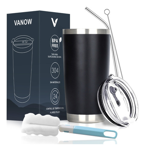 Vaso Térmico De 20oz Acero Inoxidable Con Popote Y Cepillo