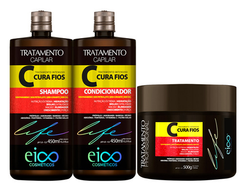 Eico Tratamento Cura Fios Fortalecimento Crescimento Shampoo Sem Sal e Condicionador Leave-in 450ml + Máscara Creme Hidratação 500g