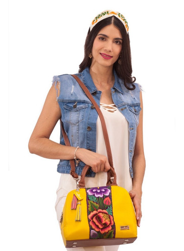 Imagen 3 de 3 de Bolso Elsa De Piel Con Telar Artesanal Zinacantán Bolsa Dama