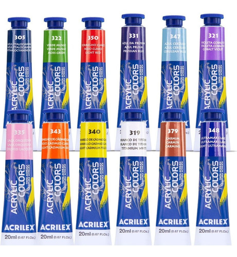 Kit 12 Tinta Acrílica Acrylic Colors Bisnaga 20ml Acrilex