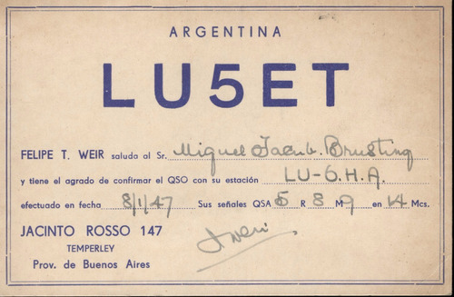 Tarjeta Qsl - De Lu5et A Lu6ha (año 1947)