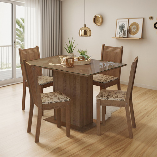 Sala De Jantar Mesa Tampo De Vidro 4 Cadeiras Camélia Madesa Cor Rustic/Bege Marrom