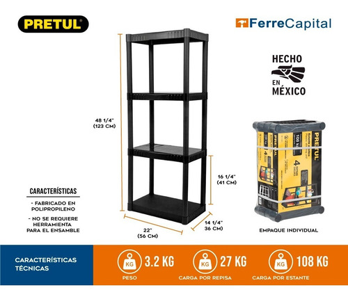 Estante Plástico, 4 Repisas, Pretul 25075