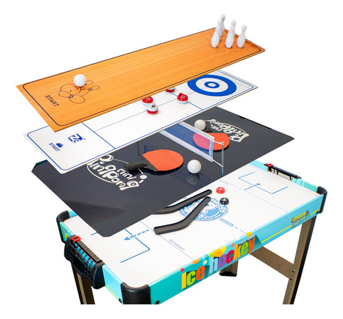 Mesa Multijuegos Combo 4 En 1 Ping Pong Hockey Boliche Tiro Color Negro