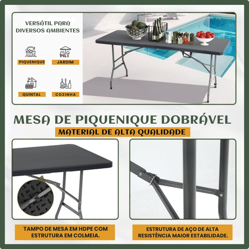 Mesa Dobrável Vira Maleta Com Alça Portátil 1.80m Para Camping Pesca Jardim Área Externa Ou Interna Salão De Festas Gourmet Cor Preto Luvinco