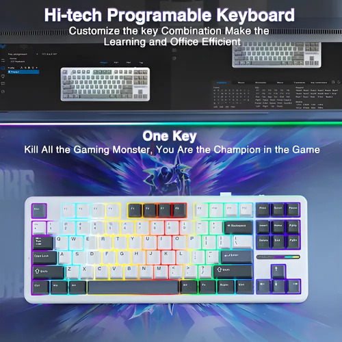Teclado Mecânico Aula F87 Wireless Gamer Tri Mode Hot Swapp Azul-claro Inglês Us