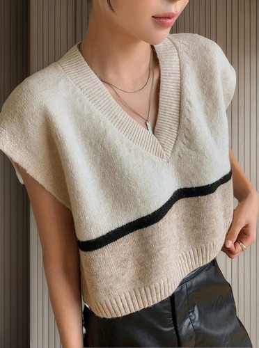 Sweaters Chaleco Oversize Sin Manga Cuello V Importado Mujer