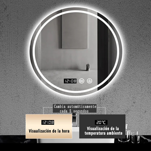 Espejo Led Baño Touch 3 Modos Antivaho 50x50cm con Hora y Temperatura