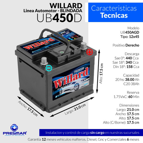 Imagen 2 de 10 de Bateria Auto Willard 12x45 Ub450 12 Volt 45 Amper