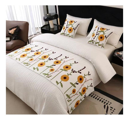 Piecera De Cama Bordada Decorativa Diseño Floral 60x200cm Q4