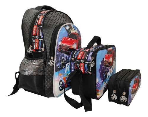 Set Escolar Tr Car08 Carro Mochila, Lonchera Y Lapicera Tr Color Negro Diseño De La Tela Poliéster