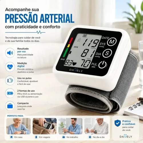 Aparelho Medidor De Pressão Arterial Digital Pulso Braço Aparelho Digital De Pressão Pulso A Pilhas Aparelho Pressão Digital Pulso Automático Visor LCD Com Voz Portátil Controlador