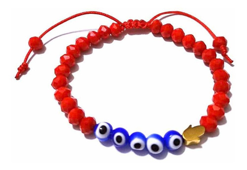 Pulsera Roja Con Mano Hamsa De Oro Laminado Y Ojos Turco